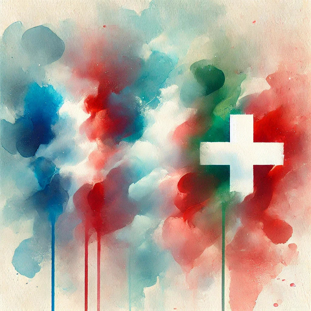 Aquarelle aux couleurs des drapeaux français, italien et suisse