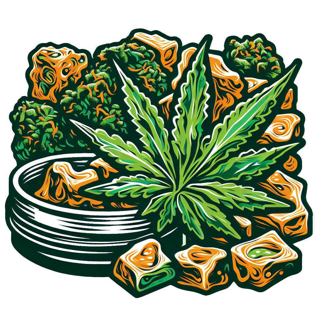 Illustration de fleurs de chanvre, d'une feuille et de morceaux de rosin ambré dans un pot