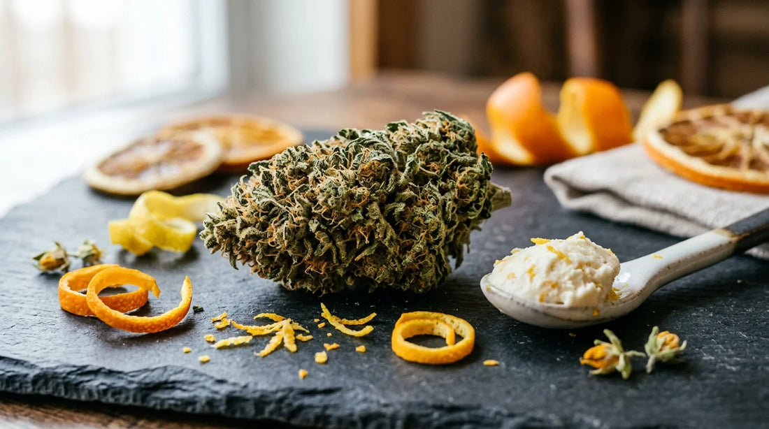 Fleur de chanvre résineuse mise en scène avec agrumes et crème glacée pour illustrer le profil gourmand de la gelato cookie