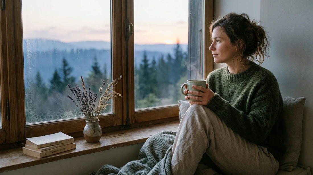 Adulte serein respirant calmement près d'une fenêtre lumineuse