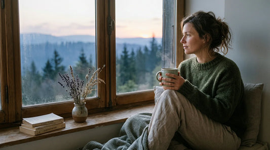 Adulte serein respirant calmement près d'une fenêtre lumineuse