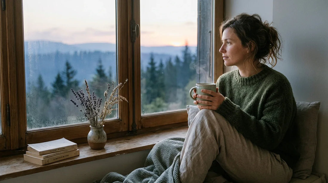 Personne respirant calmement près d'une fenêtre à la lumière du matin