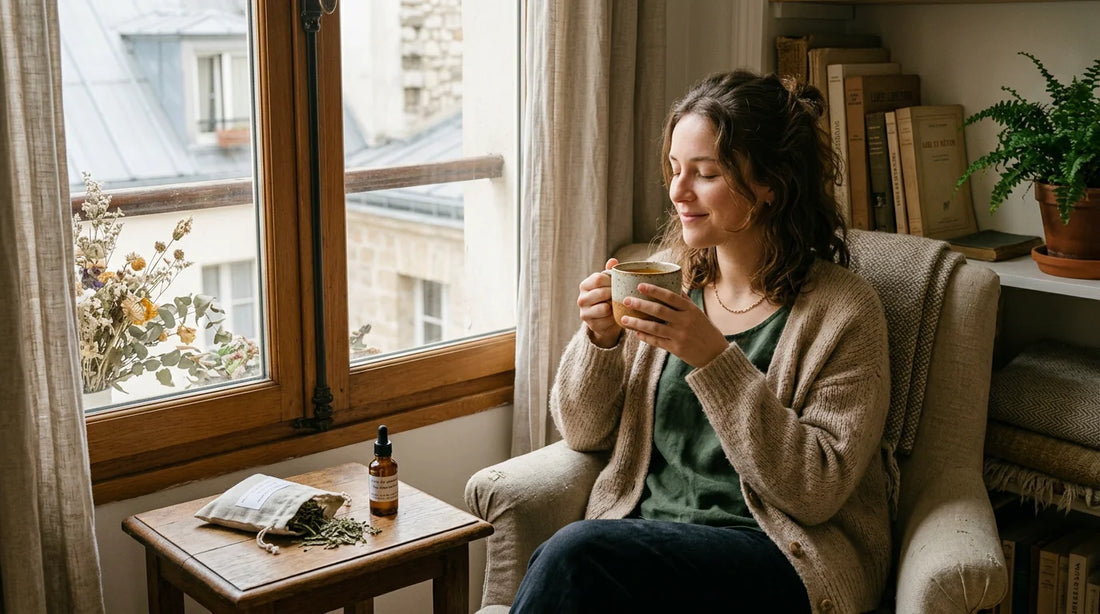 Personne détendue tenant une tisane près d'une fenêtre dans une lumière naturelle douce