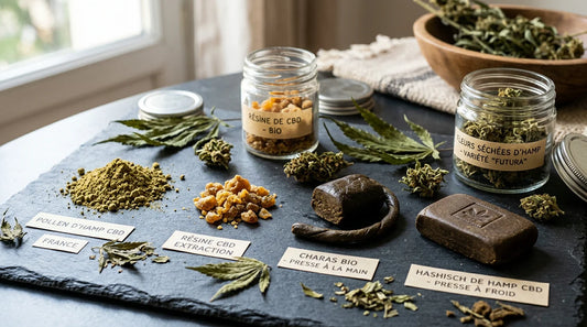 Assortiment de résines CBD : pollen, charas et hash pressé