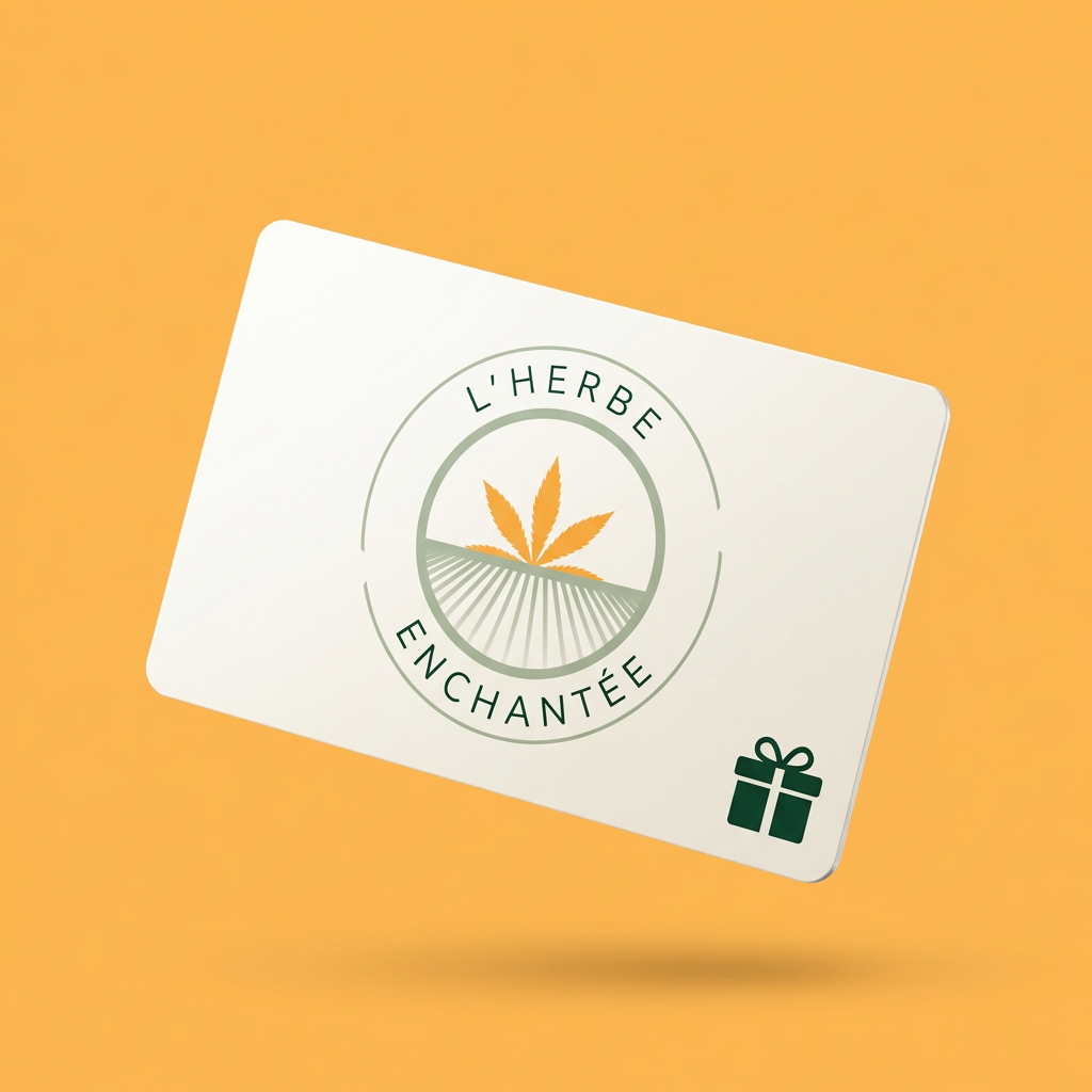 Carte-cadeau L'Herbe Enchantée : carte blanche avec le logo et une icône de cadeau verte, sur fond orange